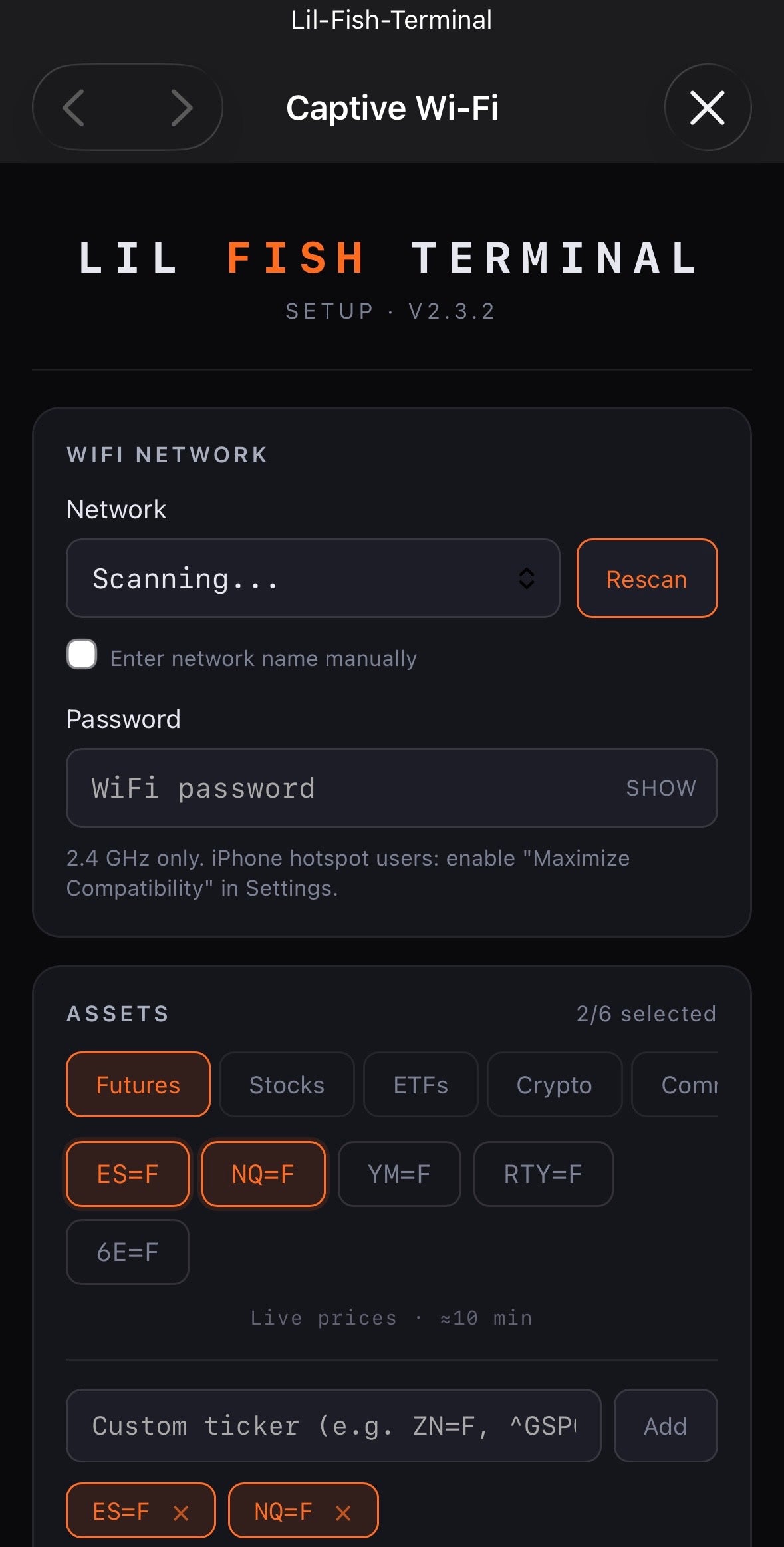 Step 1 — WiFi setup and asset selection