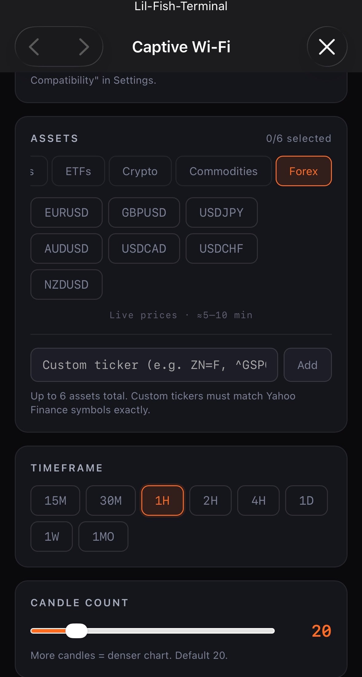 Step 2 — Forex assets and timeframe selection