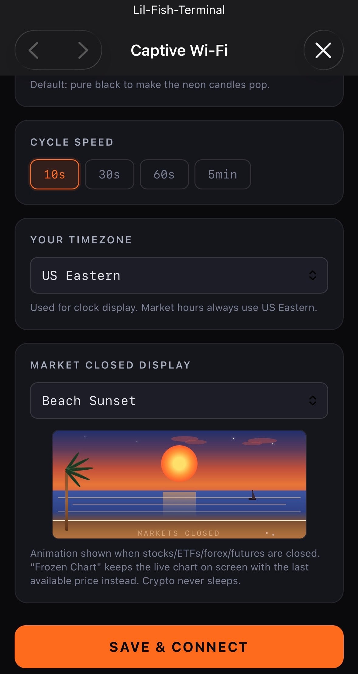 Step 4 — Cycle speed, timezone, market-closed display, save